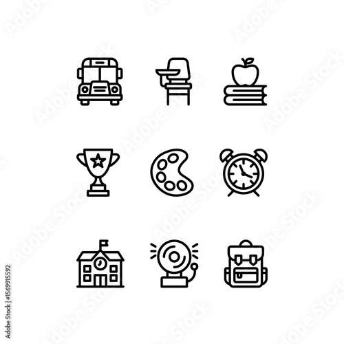 School line icon set. Education vector icons. Includes school bus, trophy, alarm and backpack symbols. Perfect for infographics, web, and apps.