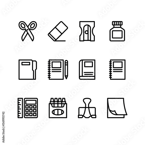 School supplies line icon set. Education vector icons. Includes scissors, eraser, sharpener, sticky notes and books symbols. Perfect for infographics, web, and apps.
