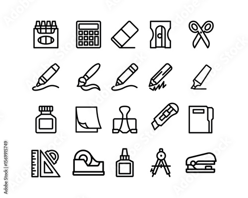 School Supplies line icon set. Education vector icons. Includes pencil, rulers, folder and tool symbols. Perfect for infographics, web, and apps.