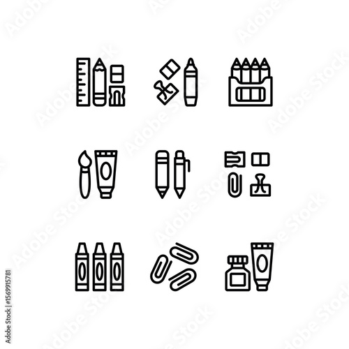 School tools line icon set. Education vector icons. Includes pencil, paper clips, crayons and paints symbols. Perfect for infographics, web, and apps.