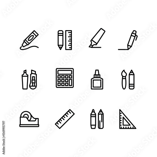 Stationery supplies line icon set. Education vector icons. Includes ruler, marker pen, calculator and paper glue symbols. Perfect for infographics, web, and apps.