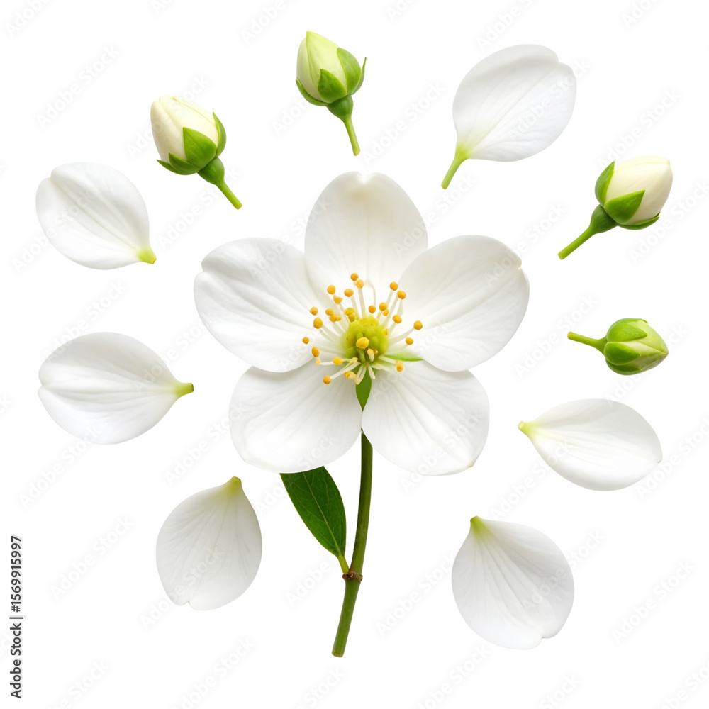 Obraz premium Top View Flat Lay of Stephanotis Flower with Buds and Scattered Petals, Transparent PNG Background