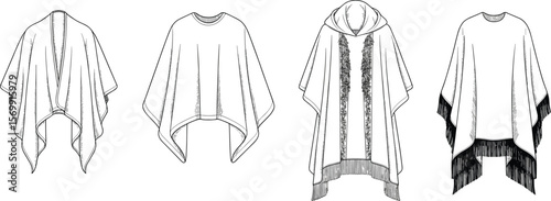 Stylish Poncho and Cape CAD Drawing Flat Vector Illustration Pack for Fashion Design and Apparel Mockups, Various Styles with Fringe and Hood, Bohemian Aesthetic.