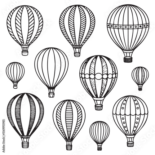 Collection of hand-drawn vintage hot air balloons; black and white line art; whimsical, adventurous mood.