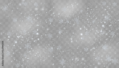 Winter snowfall texture with realistic white snowflakes on transparent background. Use as overlay for New Year cards, holiday posters, or frosty scenes.