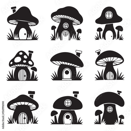 Nine whimsical black silhouette mushroom house illustrations; charming, fairytale, fantasy home designs; perfect for children's book, greeting card, or whimsical branding.