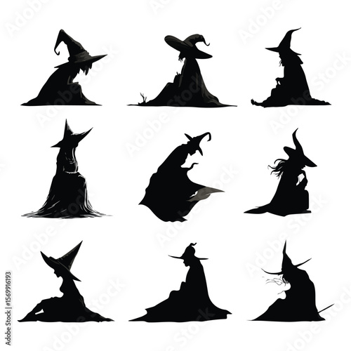  witch hat silhouette set, Black & White silhouette set
