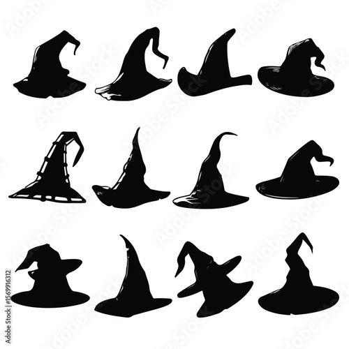  witch hat silhouette set, Black & White silhouette set