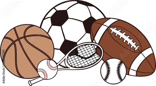 Sports Equipment. Sports shop logo. Group of balls the team games isolated on white background. A realistic vector-style illustration of various sports balls and equipment grouped together on a white 