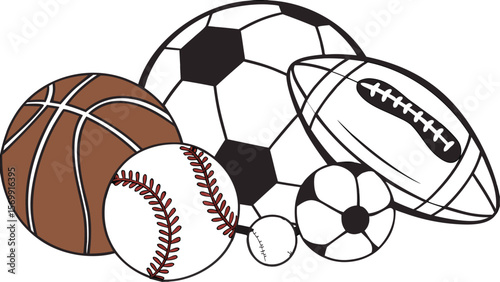 Sports Equipment. Sports shop logo. Group of balls the team games isolated on white background. A realistic vector-style illustration of various sports balls and equipment grouped together on a white 