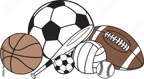 Sports Equipment. Sports shop logo. Group of balls the team games isolated on white background. A realistic vector-style illustration of various sports balls and equipment grouped together on a white 