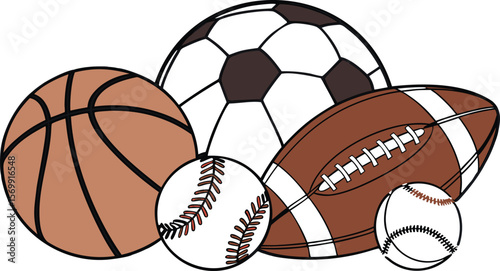 Sports Equipment. Sports shop logo. Group of balls the team games isolated on white background. A realistic vector-style illustration of various sports balls and equipment grouped together on a white 