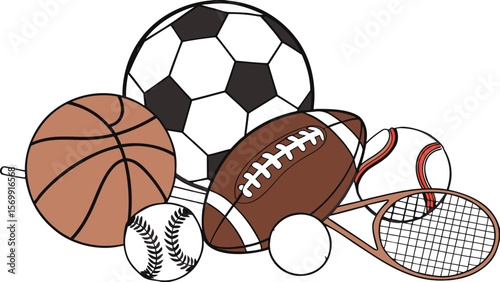 Sports Equipment. Sports shop logo. Group of balls the team games isolated on white background. A realistic vector-style illustration of various sports balls and equipment grouped together on a white 