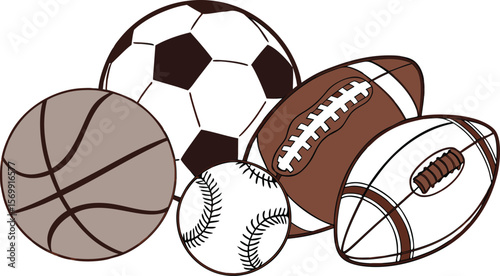 Sports Equipment. Sports shop logo. Group of balls the team games isolated on white background. A realistic vector-style illustration of various sports balls and equipment grouped together on a white 