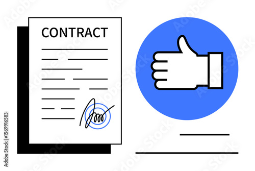 Signed contract with approval hand gesture next to it, symbolizing trust, commitment, and agreement. Ideal for business, partnership, sales, employment, negotiation legal and simple landing page