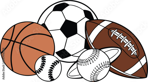 Sports Equipment. Sports shop logo. Group of balls the team games isolated on white background. A realistic vector-style illustration of various sports balls and equipment grouped together on a white 