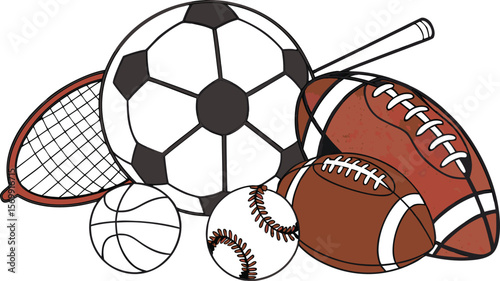 Sports Equipment. Sports shop logo. Group of balls the team games isolated on white background. A realistic vector-style illustration of various sports balls and equipment grouped together on a white 