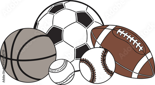 Sports Equipment. Sports shop logo. Group of balls the team games isolated on white background. A realistic vector-style illustration of various sports balls and equipment grouped together on a white 