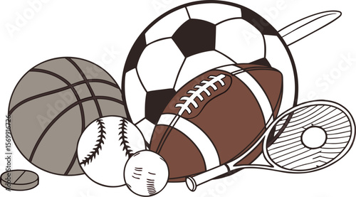 Sports Equipment. Sports shop logo. Group of balls the team games isolated on white background. A realistic vector-style illustration of various sports balls and equipment grouped together on a white 