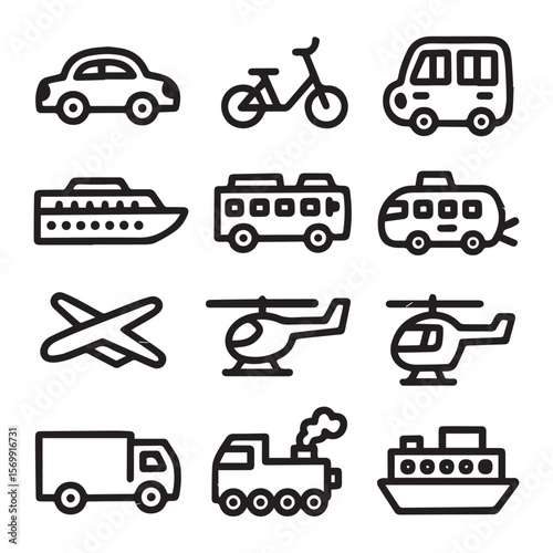 Bold Black Outline Icons: Transportation Set;  Cars, Buses, Trains, Boats, Planes, and Helicopters;  Simple, Childlike Style;  Fun, Playful Mood.