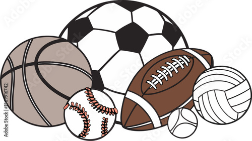 Sports Equipment. Sports shop logo. Group of balls the team games isolated on white background. A realistic vector-style illustration of various sports balls and equipment grouped together on a white 