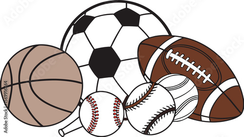 Sports Equipment. Sports shop logo. Group of balls the team games isolated on white background. A realistic vector-style illustration of various sports balls and equipment grouped together on a white 