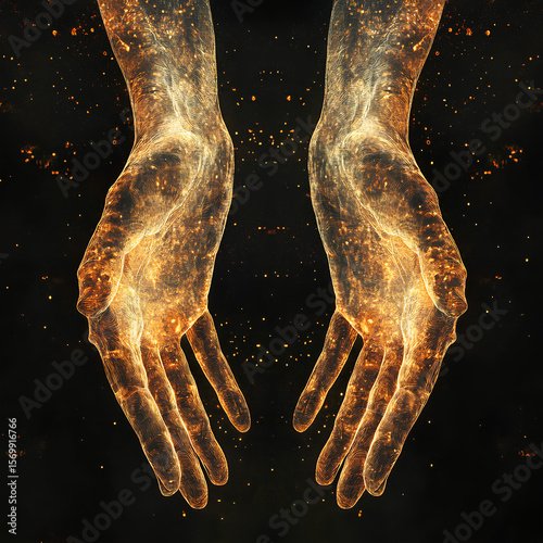 Conceptual digital artwork of a left hand and a right hand facing each other with mirrored symmetry, glowing background and soft outlines, symbolizing balance and uniqueness, ultra HD surreal art styl