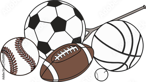 Sports Equipment. Sports shop logo. Group of balls the team games isolated on white background. A realistic vector-style illustration of various sports balls and equipment grouped together on a white 
