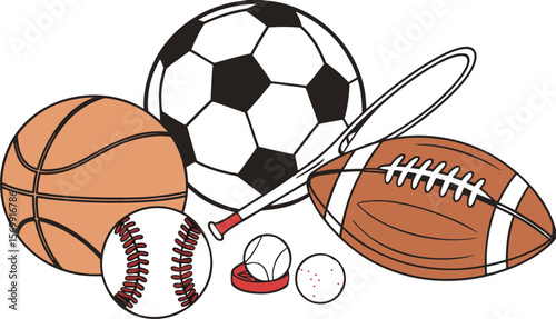 Sports Equipment. Sports shop logo. Group of balls the team games isolated on white background. A realistic vector-style illustration of various sports balls and equipment grouped together on a white 