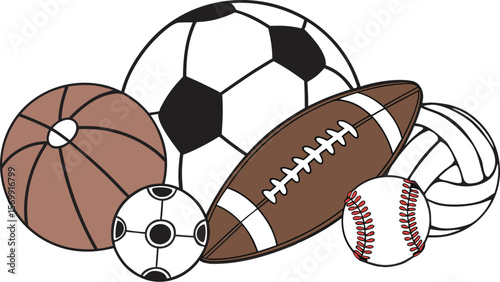 Sports Equipment. Sports shop logo. Group of balls the team games isolated on white background. A realistic vector-style illustration of various sports balls and equipment grouped together on a white 