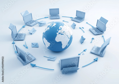 A globe surrounded by laptops with blue envelopes floating above them,