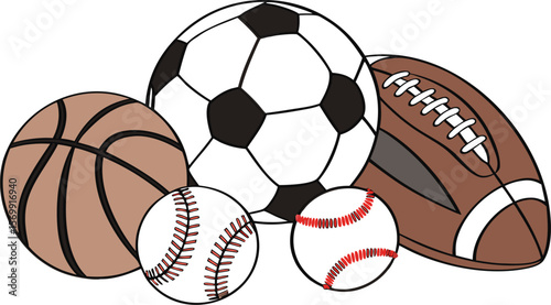Sports Equipment. Sports shop logo. Group of balls the team games isolated on white background. A realistic vector-style illustration of various sports balls and equipment grouped together on a white 