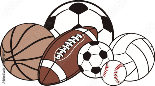 Sports Equipment. Sports shop logo. Group of balls the team games isolated on white background. A realistic vector-style illustration of various sports balls and equipment grouped together on a white 
