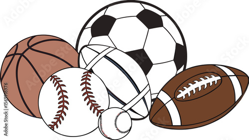 Sports Equipment. Sports shop logo. Group of balls the team games isolated on white background. A realistic vector-style illustration of various sports balls and equipment grouped together on a white 