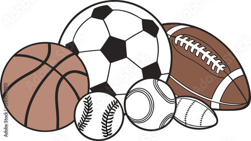 Sports Equipment. Sports shop logo. Group of balls the team games isolated on white background. A realistic vector-style illustration of various sports balls and equipment grouped together on a white 