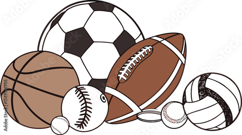 Sports Equipment. Sports shop logo. Group of balls the team games isolated on white background. A realistic vector-style illustration of various sports balls and equipment grouped together on a white 
