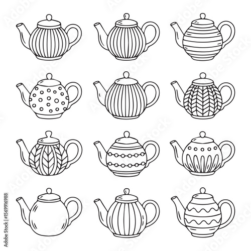 Collection of charming hand-drawn teapots;  various patterns, line art style, whimsical mood, perfect for tea-themed designs.