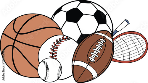 Sports Equipment. Sports shop logo. Group of balls the team games isolated on white background. A realistic vector-style illustration of various sports balls and equipment grouped together on a white 