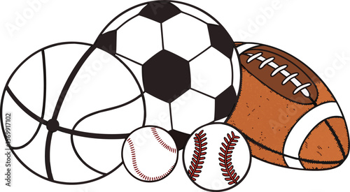 Sports Equipment. Sports shop logo. Group of balls the team games isolated on white background. A realistic vector-style illustration of various sports balls and equipment grouped together on a white 