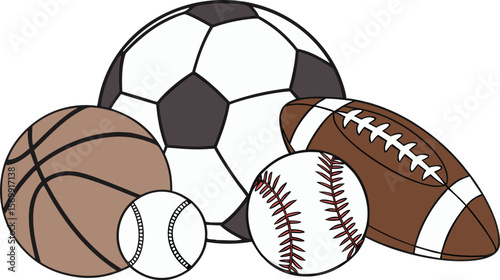 Sports Equipment. Sports shop logo. Group of balls the team games isolated on white background. A realistic vector-style illustration of various sports balls and equipment grouped together on a white 
