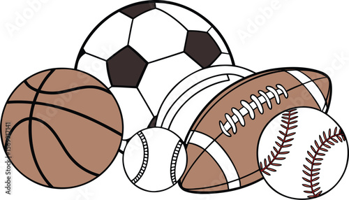 Sports Equipment. Sports shop logo. Group of balls the team games isolated on white background. A realistic vector-style illustration of various sports balls and equipment grouped together on a white 