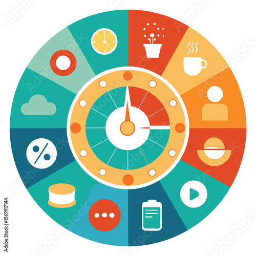 A colorful radial illustration depicting a clockface with icons representing various activities and time related concepts