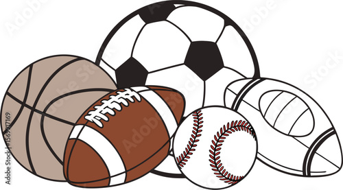 Sports Equipment. Sports shop logo. Group of balls the team games isolated on white background. A realistic vector-style illustration of various sports balls and equipment grouped together on a white 