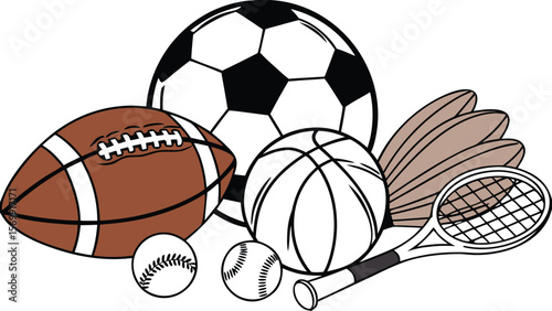 Sports Equipment. Sports shop logo. Group of balls the team games isolated on white background. A realistic vector-style illustration of various sports balls and equipment grouped together on a white 