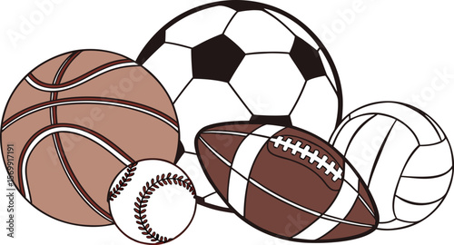 Sports Equipment. Sports shop logo. Group of balls the team games isolated on white background. A realistic vector-style illustration of various sports balls and equipment grouped together on a white 