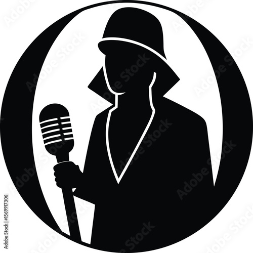 black silhouette of podcast host with mic on white.eps