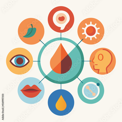 A vector illustration of human senses and a water drop in a colorful circular diagram, representing sensory perception