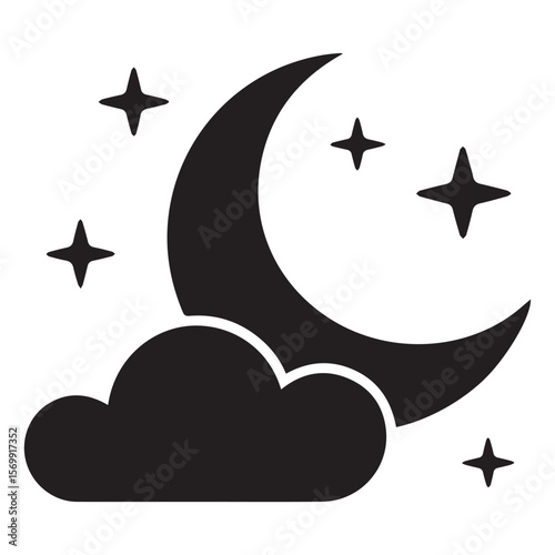 Crescent Moon, Stars, and Cloud: Simple Night Sky Icon, Black Silhouette, Peaceful and Serene Mood, Vector Graphic Illustration.