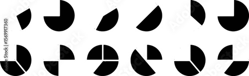 Black geometric segments and pie chart slices on white background shapes