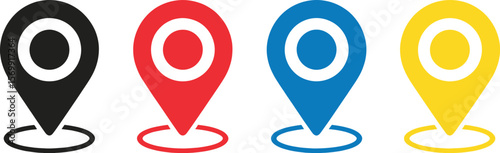 Black red blue yellow location pin symbols with concentric circles map marker pointer
